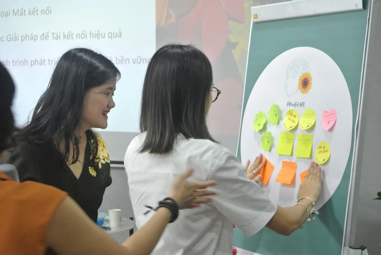 Hai người dựng bảng giấy ghi chú theo từng lớp trong buổi làm việc